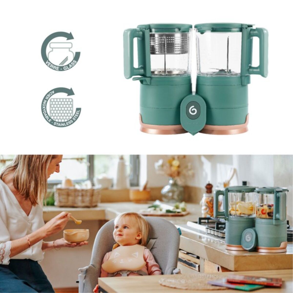 Mixeur Cuiseur Bébé BABYMOOV Nutribaby Glass Green