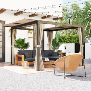 Pérgola de Aluminio 4,2x3 m Cenador de Jardín Gazebo con Techo Corredizo 4 Paredes Laterales y Orificios de Drenaje Pabellón para Patio Terraza Beige y Negro