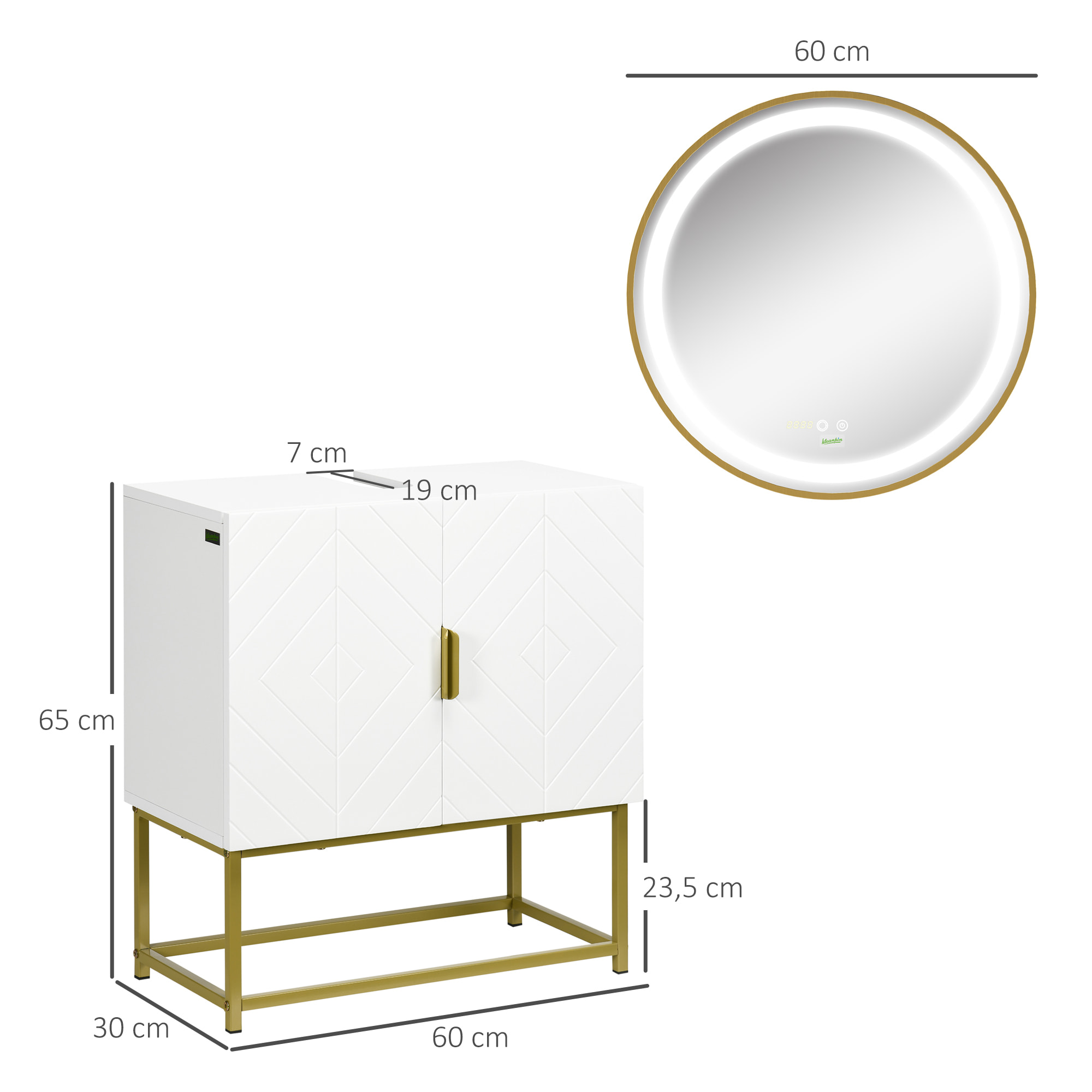 Conjunto de Baño Juego de Mueble para Debajo del Lavabo con Patas de Acero y Espejo de Baño con Luz LED Interruptor Táctil 60x30x65 cm Ø60x4 cm Blanco y Dorado