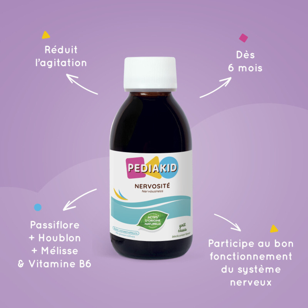 PEDIAKID - Sirop Nervosité -Complément Alimentaire Naturel - Formule Exclusive au Sirop d'Agave - Favorise l'Apaisement - Réduit l'Agitation - Arôme Naturel Cassis - Lot de 3 Flacons de 125 ml