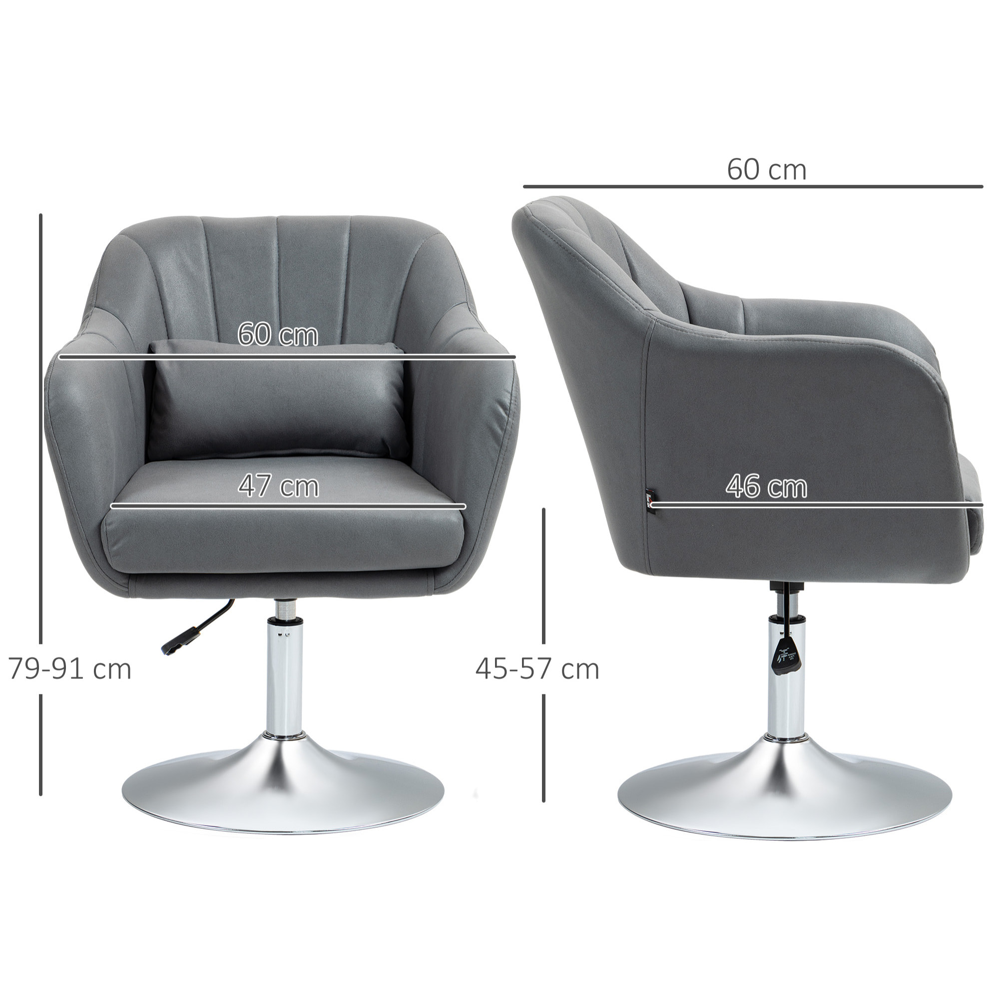 Fauteuil lounge design grand confort coussins lombaires hauteur réglable pivotant 360° piètement métal chromé lin gris