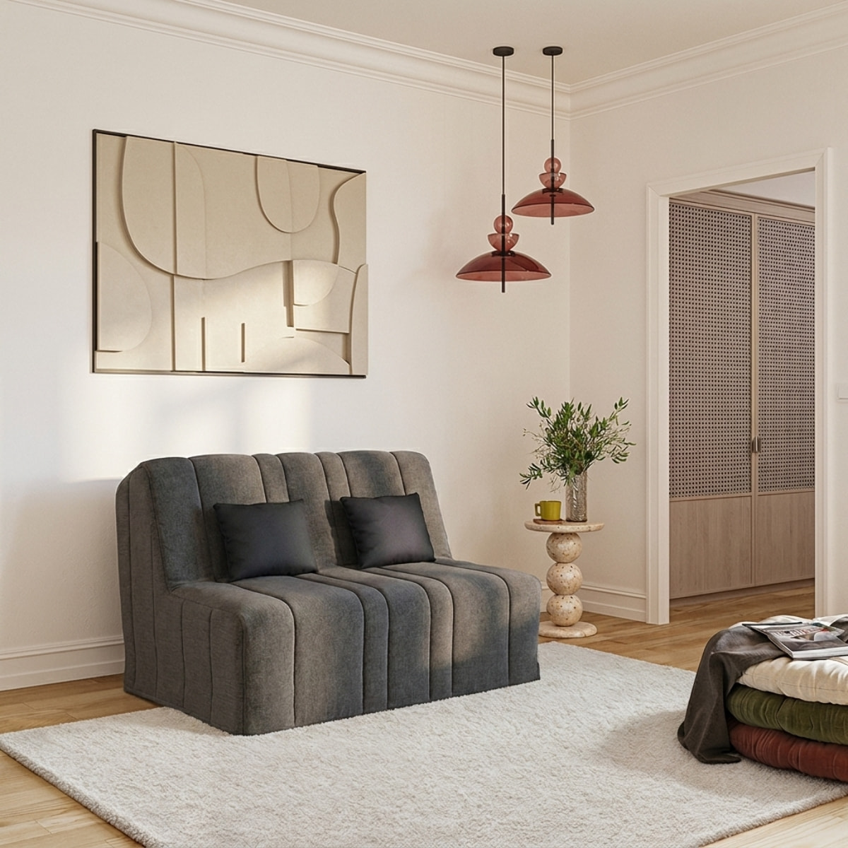 Banquette convertible Nea, matelas Simmons, 140 x 190 cm, 2 coussins offerts, Aba anthracite