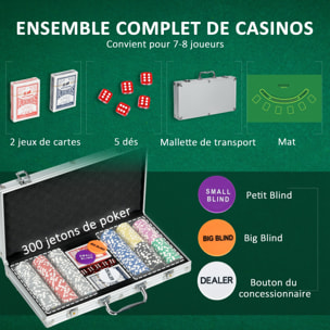 Mallette pro de poker verrouillable coffret pro poker 300 jetons 2 jeux cartes 5 dés 3 boutons 2 clés tapis alu