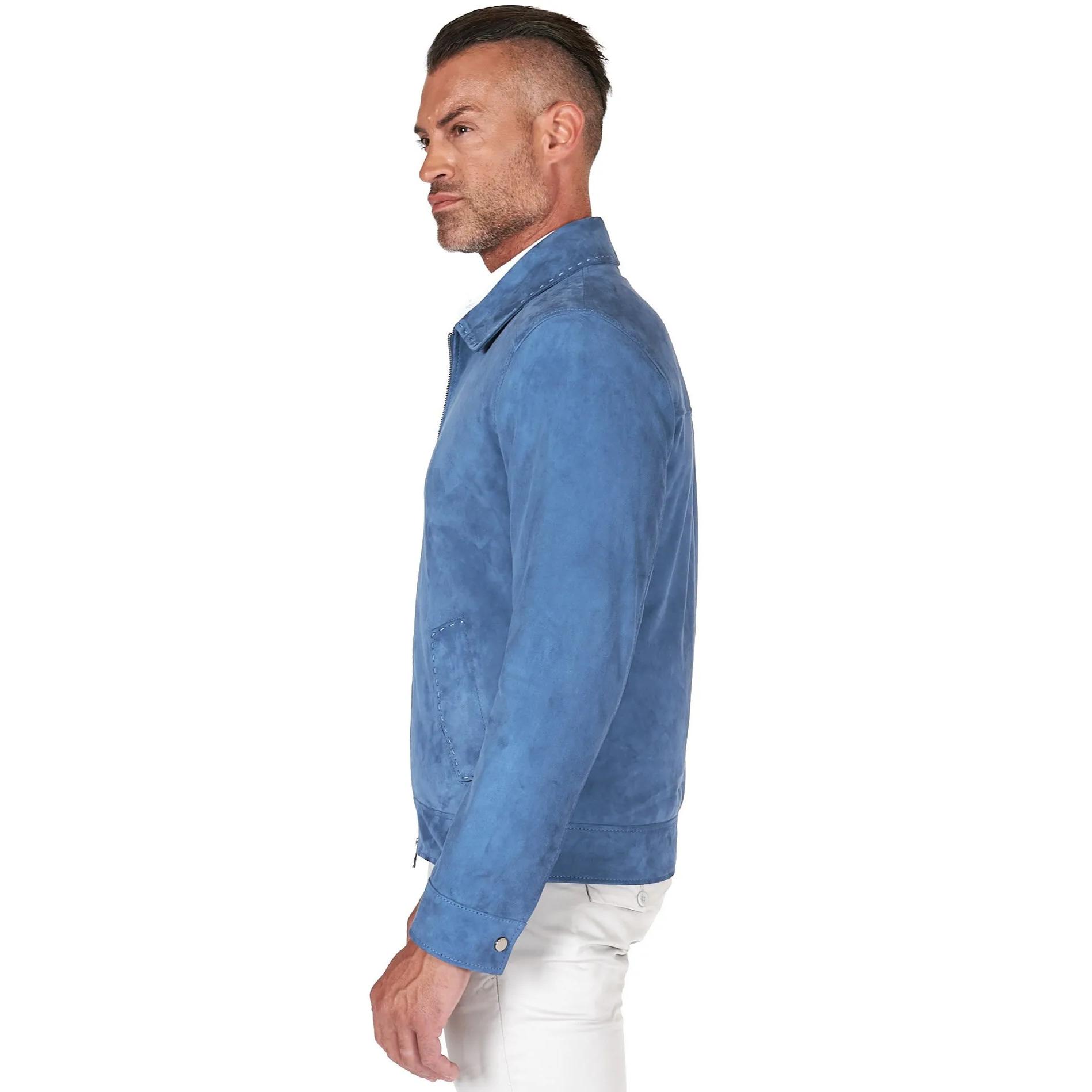 Giacca in camoscio denim blu con colletto camicia impunturato a mano