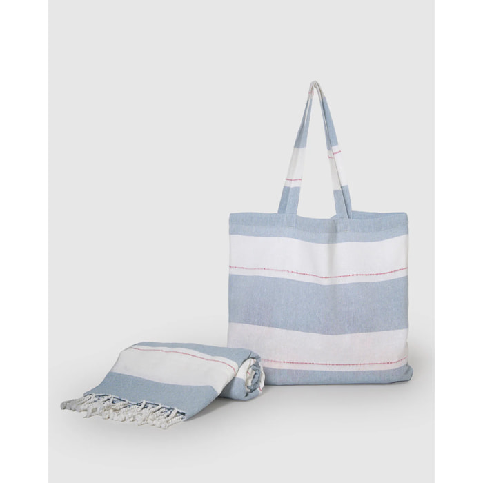 Pack bolso + toalla pareo algodón raya oria índigo