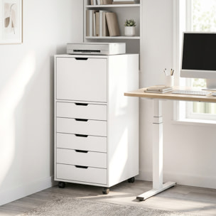 Cajonera Escritorio con 5 Cajones, Cajonera de Oficina con Ruedas y Armario con Cierre Suave, Soporte para Impresora, Mueble Archivador para Oficina en Casa, Blanco