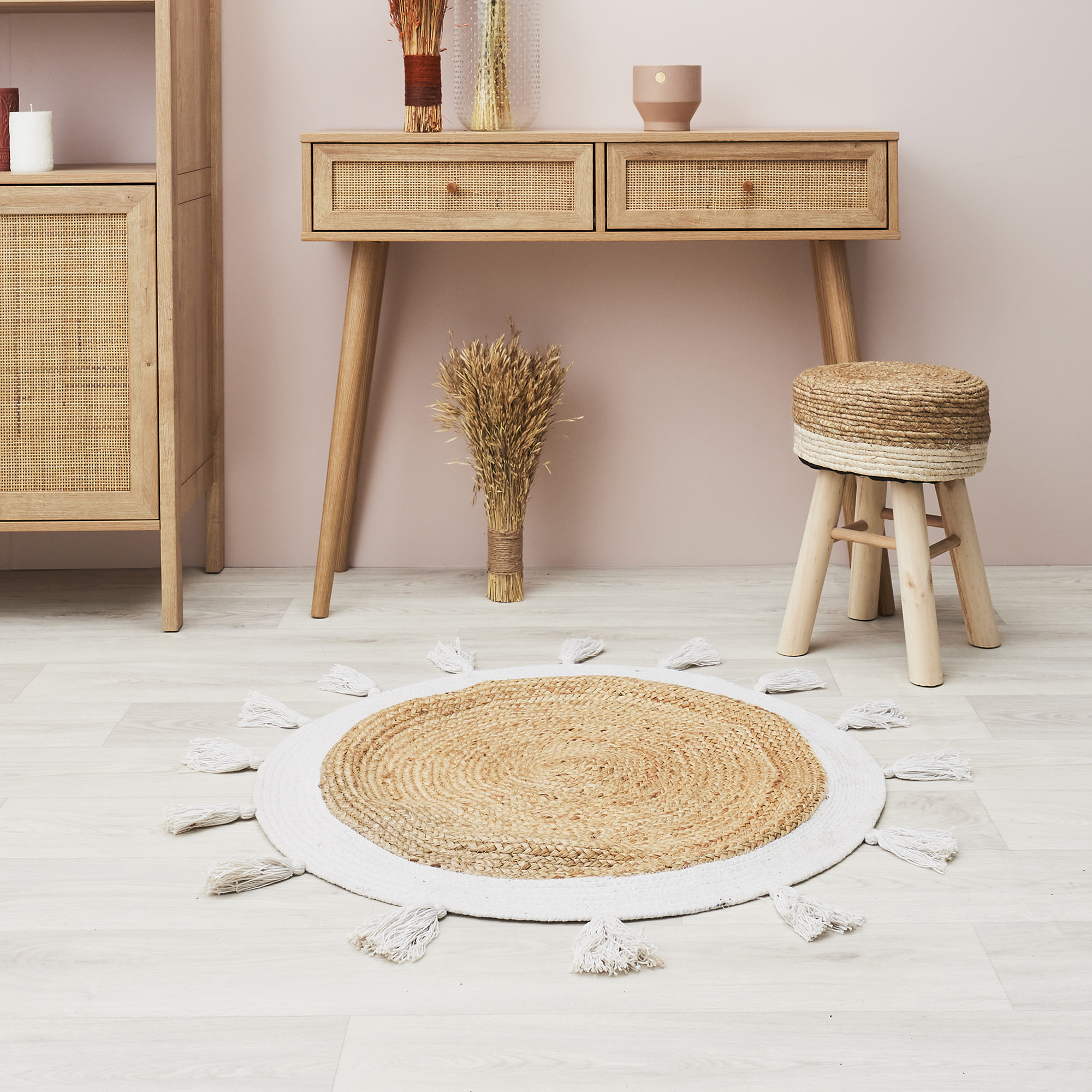 Tapis Rond Jute Pompons Blanc 80cm