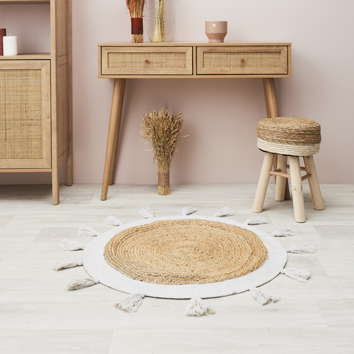 Tapis Rond Jute Pompons Blanc 80cm