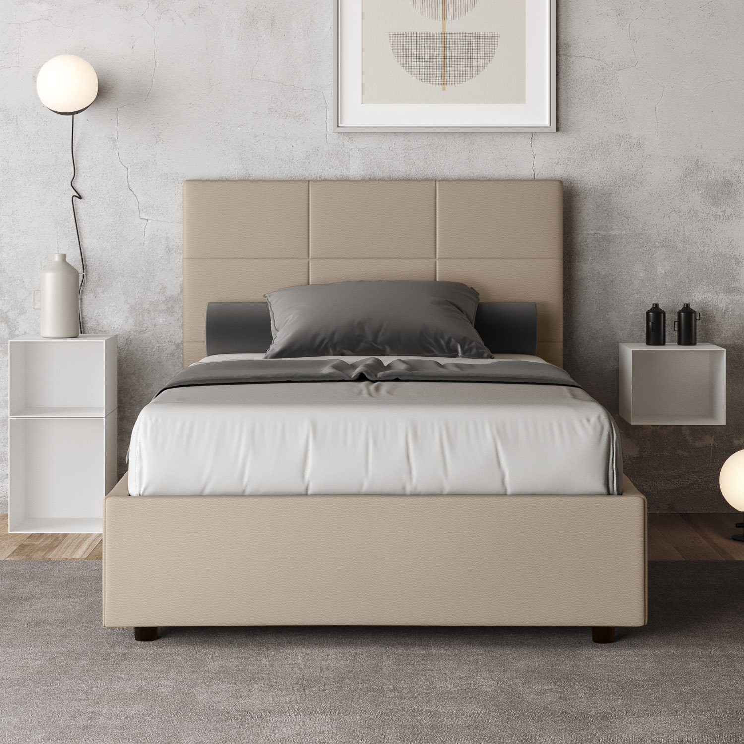 Cama sin somier acolchada 120x200 cuero sintético gris paloma Mika