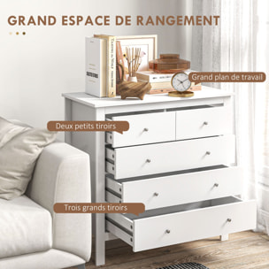 Commode 5 tiroirs style contemporain dim. 79L x 39,5l x 80,5H cm poignées boutons métal MDF blanc