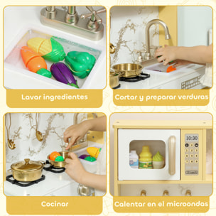 Cocina de Juguete de Madera con Sonido, Cocinita Infantil con Accesorios de Acero Inoxidable, Microondas, Horno, Fregadero, Verduras para Cortar, para Niños a Partir de 3 Años, Dorado