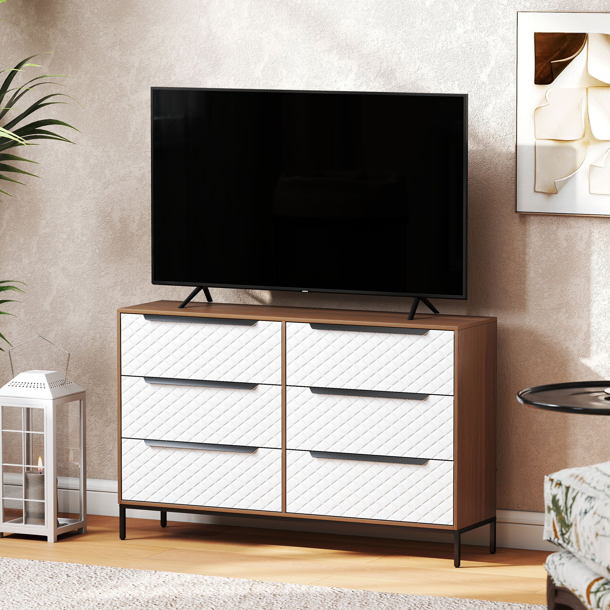 Cómoda con 6 Cajones de Tela, Cómoda para Dormitorio, Frentes con Patrón de Diamante, Cajonera para Salón, Oficina, Vestidor, Natural y Blanco