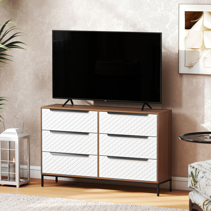 Cómoda con 6 Cajones de Tela, Cómoda para Dormitorio, Frentes con Patrón de Diamante, Cajonera para Salón, Oficina, Vestidor, Natural y Blanco