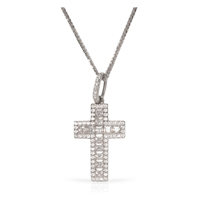 Collar de plata de ley 925 con colgante de cruz de plata adornada con circón brillante y cierre de resorte.