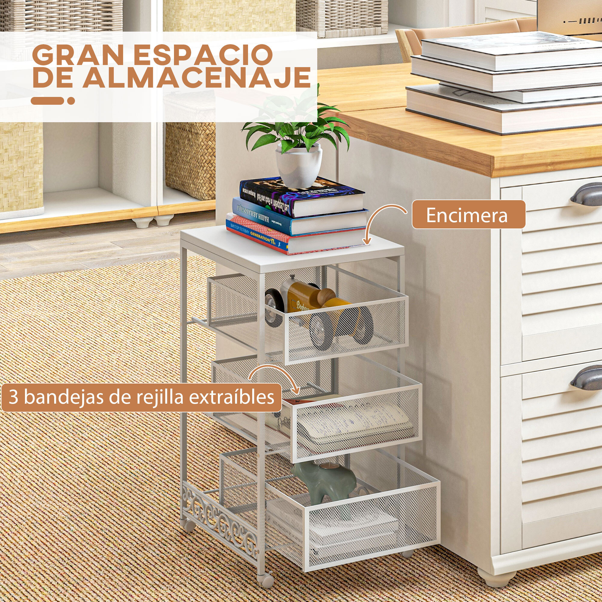 Carrito Auxiliar con Ruedas Carrito de Almacenamiento de 3 Niveles con 3 Cesta de Almacenamiento para Salón Comedor Cocina Baño 34x29,5x57,5 cm Blanco