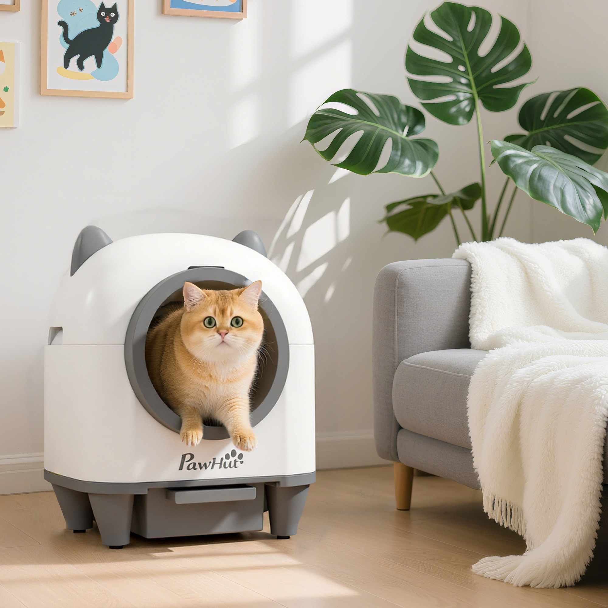 Bac à litière autonettoyante pour chat - maison de toilette autonettoyante - 80L - blanc gris