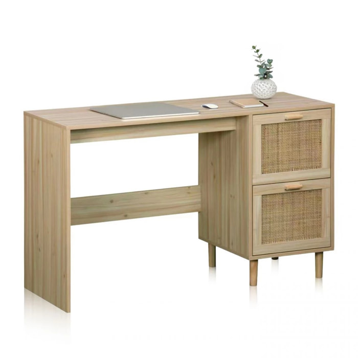 Mesa de escritorio con 2 cajones en pino y rattán 120x48 cm Made Pino - Rattan