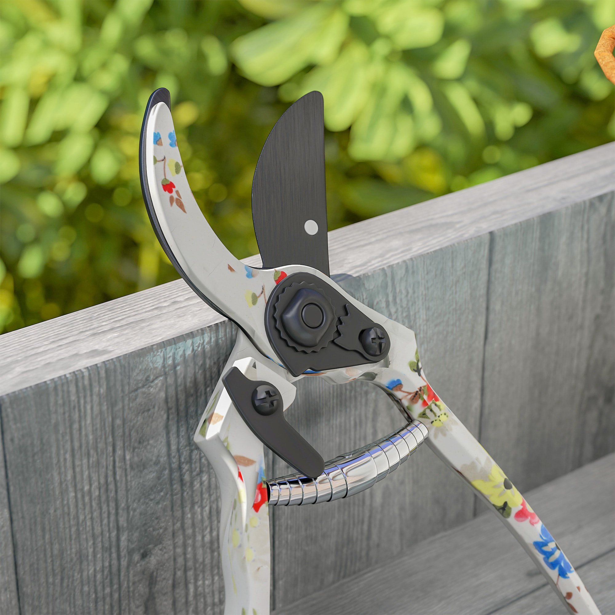 Kit 3 outils de jardin - sécateur, transplantoir, griffe à main - alu métal blanc motif fleurs