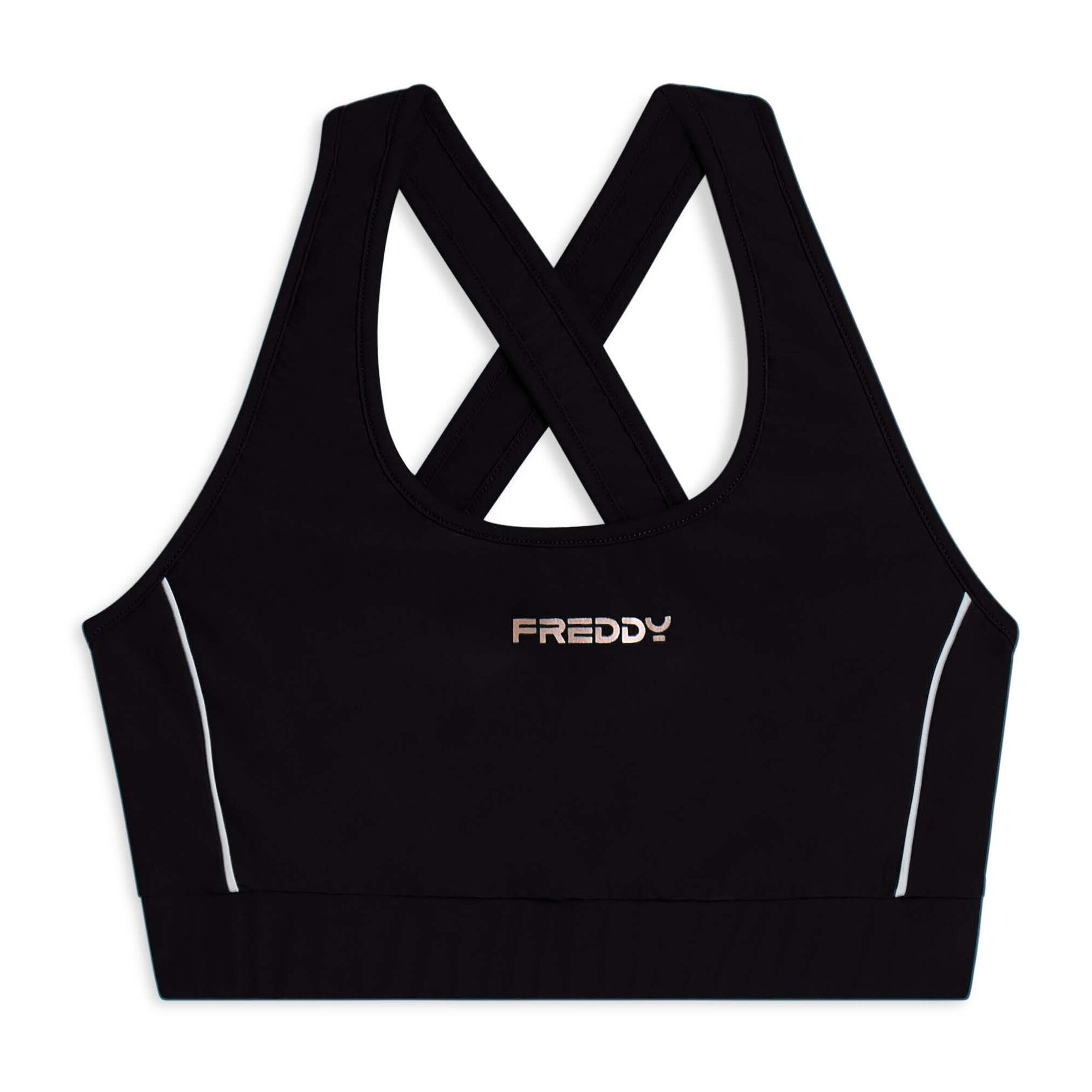 Top tecnico con spalline incrociate e profili bianchi