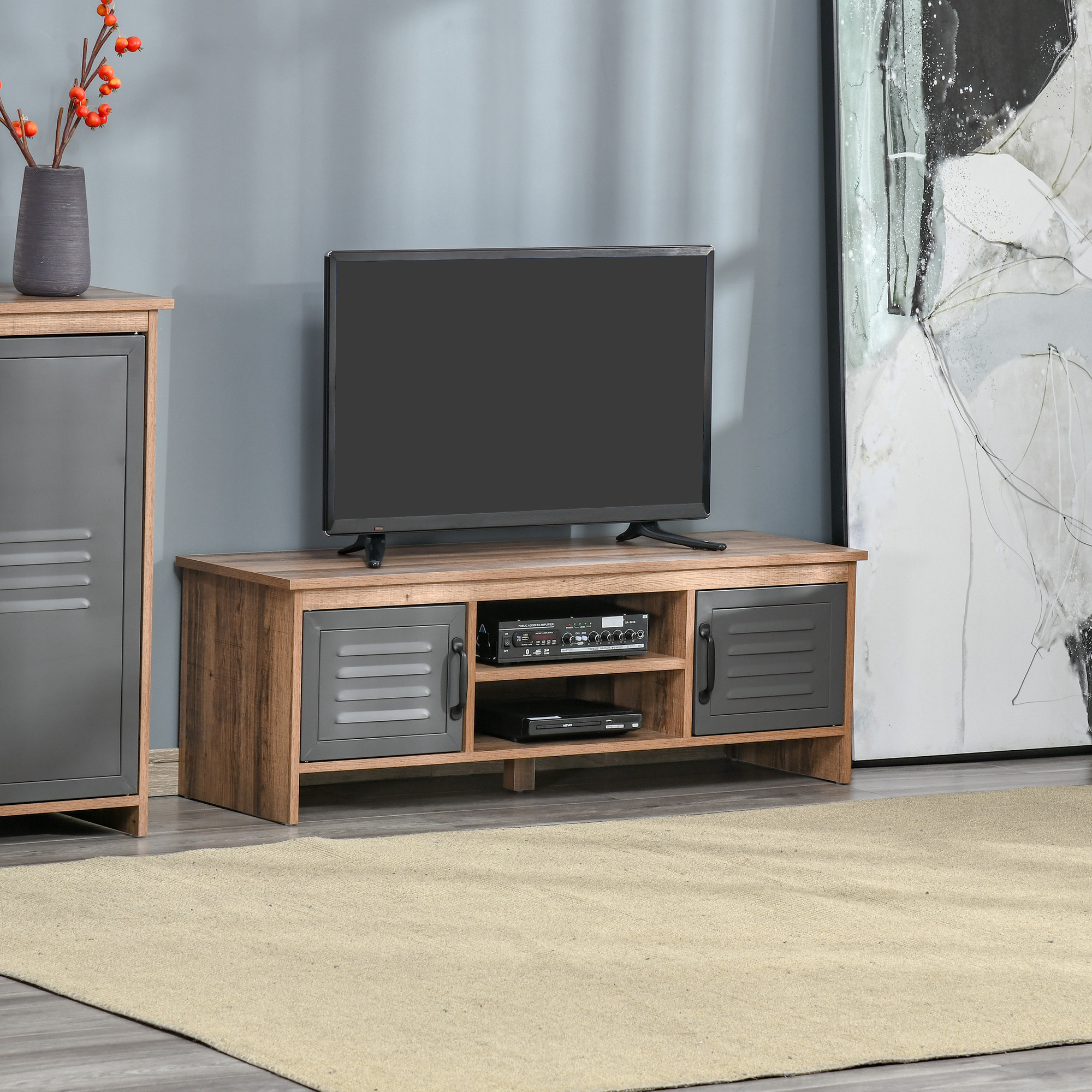 Mueble de TV para Televisores de 42" con 2 Compartimentos Cerrados con Puertas de Metal y 2 Estantes Abiertos Mueble de salón moderno Mesa para televisor 109x35x38 cm Madera Natural y Gris