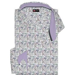 Camicia Uomo 1 Bottone Francese Slim Popeline Stampato Bianco e Blu