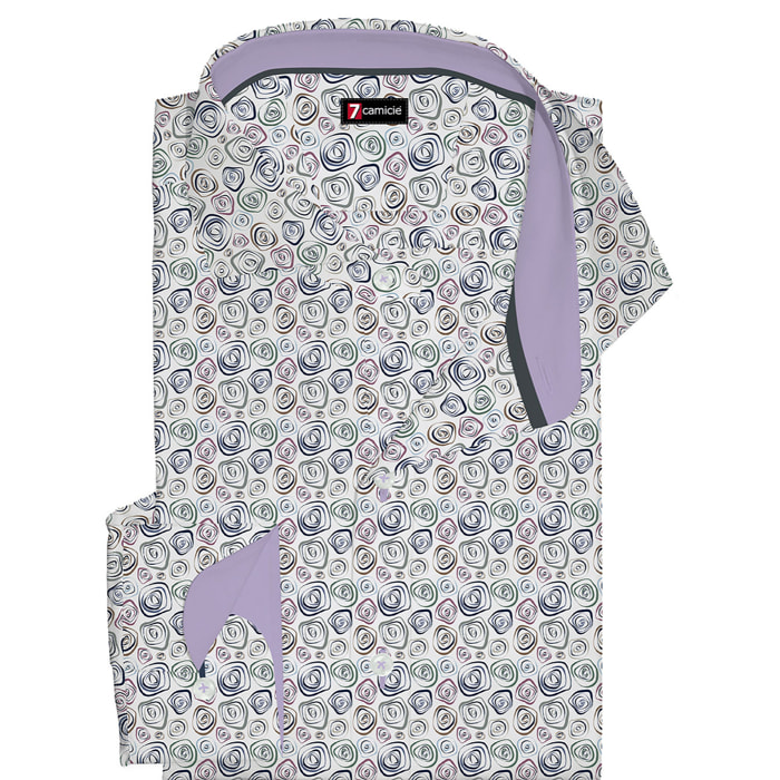 Camicia Uomo 1 Bottone Francese Slim Popeline Stampato Bianco e Blu