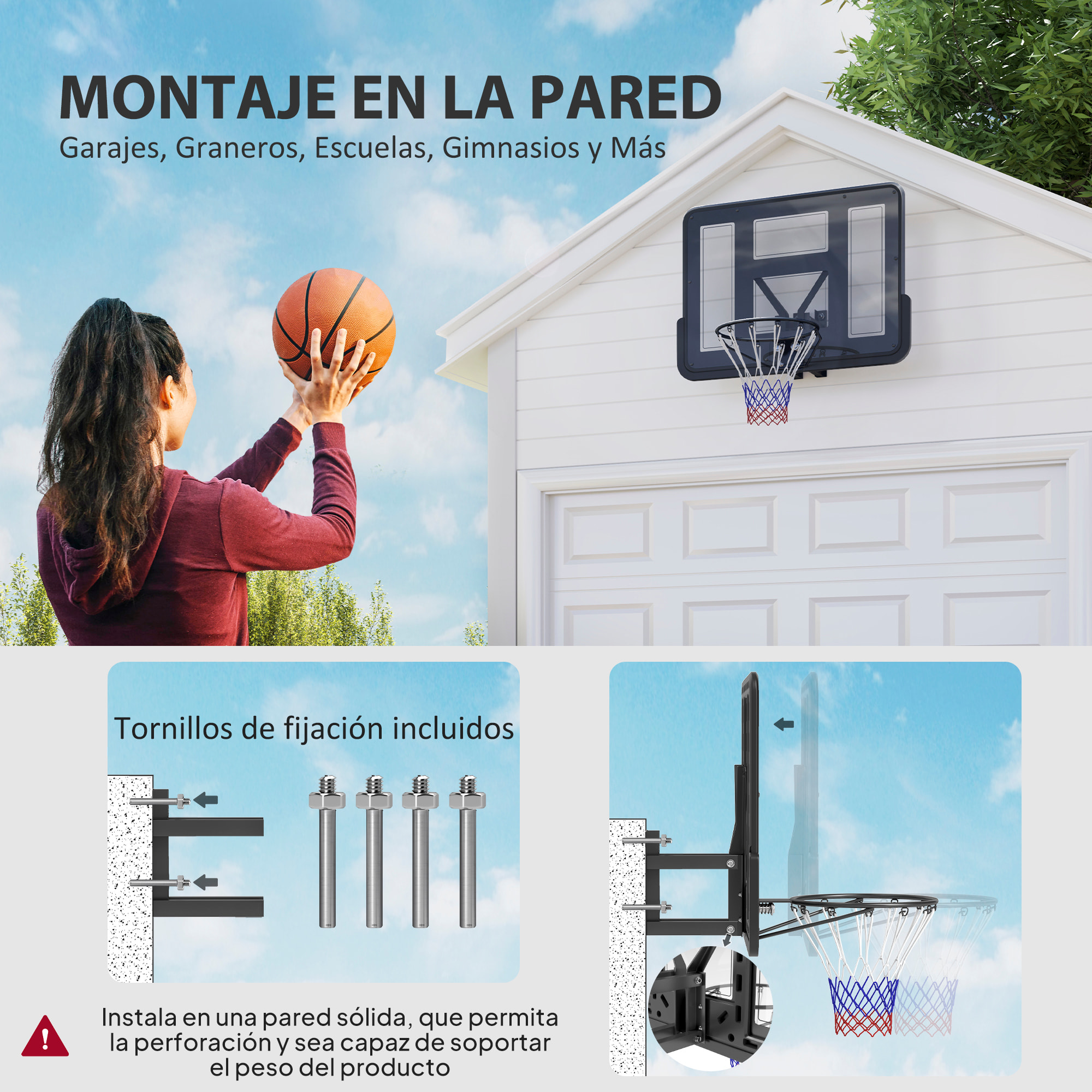 Canasta de Baloncesto de Pared, Tablero de Baloncesto para Interior y Exterior, con Panel Irrompible de 110x75 cm y Red Resistente a Desgarros, para Adultos y Niños, Negro