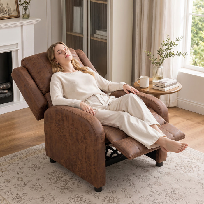 HOMCOM Sillón Relax Reclinable, Sillón Reclinable Manual, Tapizado en Cuero Sintético, Instalación Rápida, Reposapiés, Muelles Ensacados y Acolchado Grueso, para Salón, Dormitorio, Oficina, Marrón