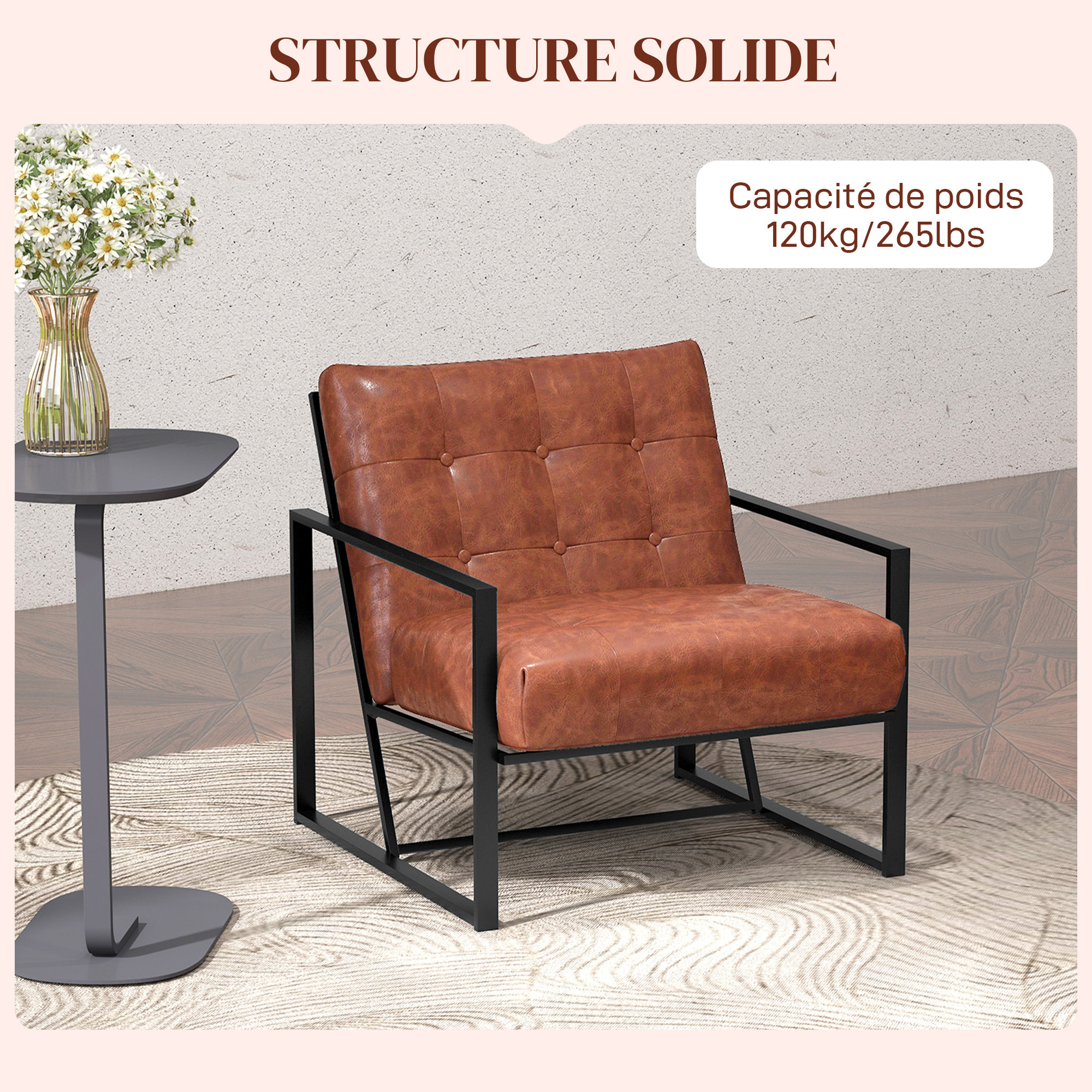 Fauteuil lounge style Chesterfield effet capitonné métal noir revêtement synthétique marron fauve