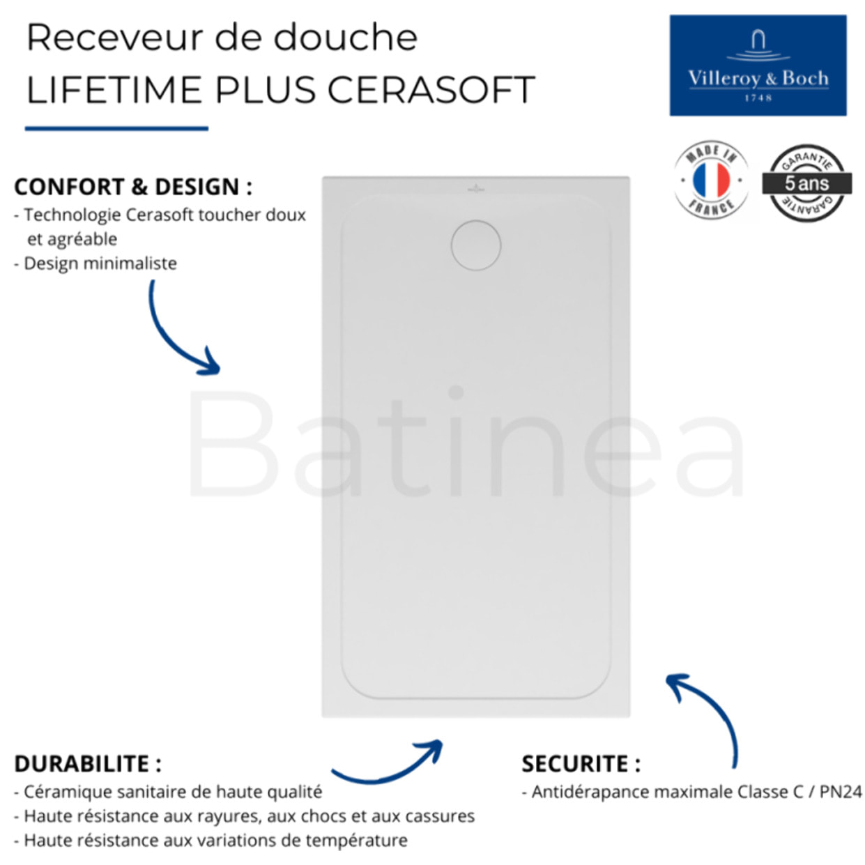 Receveur de douche antidérapant 140 x 90 Lifetime Plus Cerasoft céramique blanc + Bonde chromé brossé