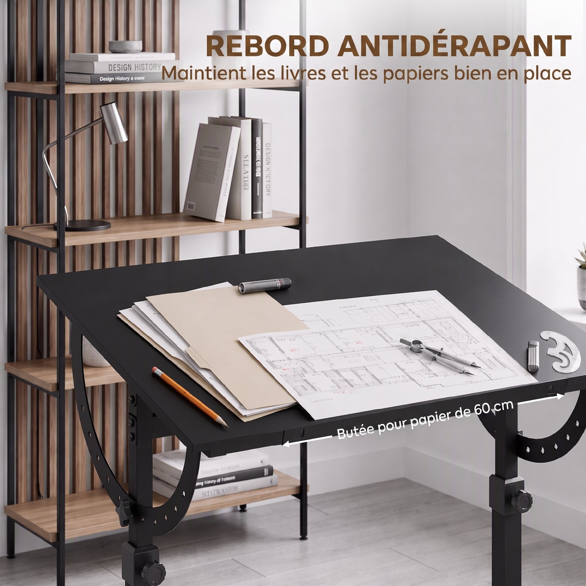Table à dessin inclinable - bureau réglable H.70-90cm - noir