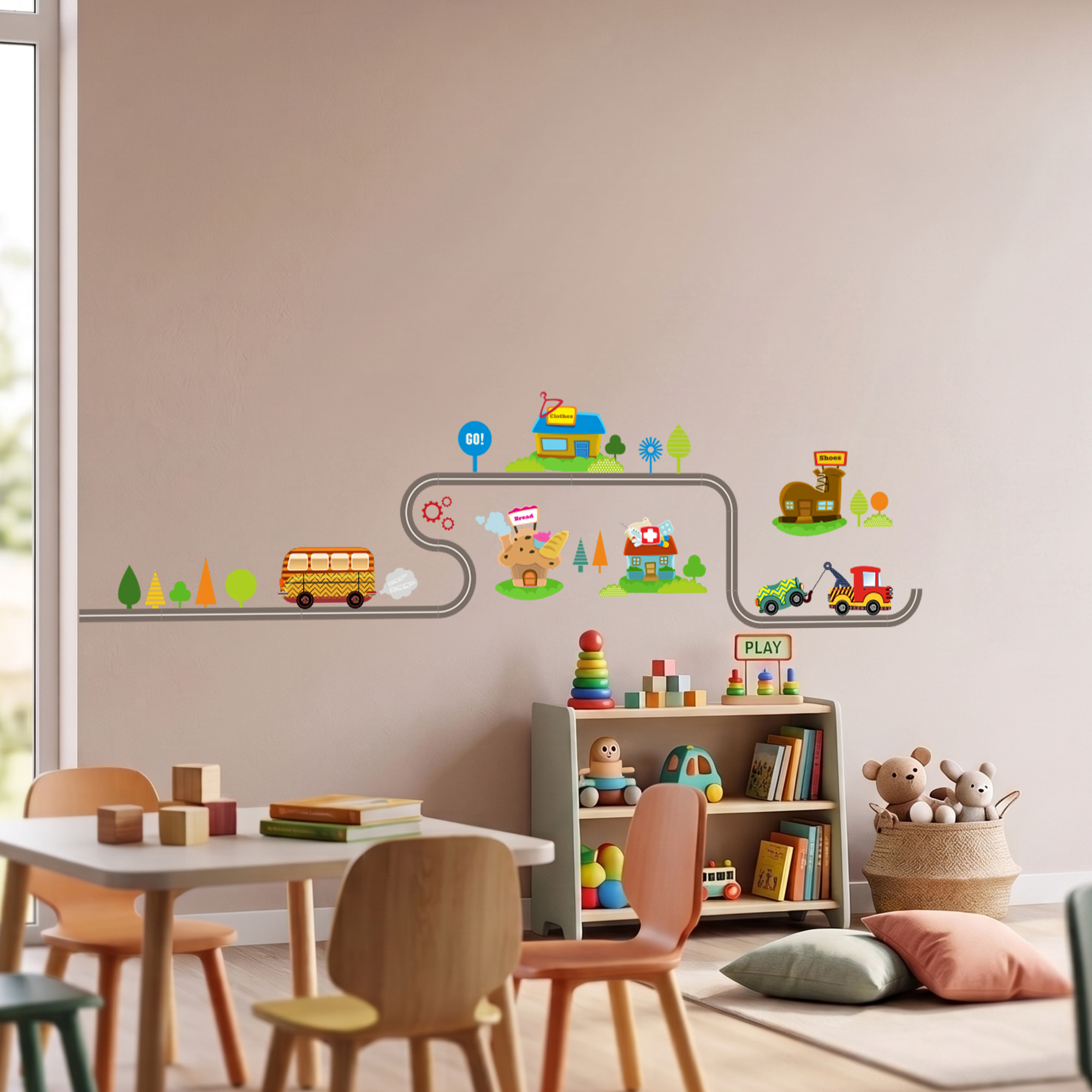 Stickers Muraux décoration adhésifs Petit village avec les voitures