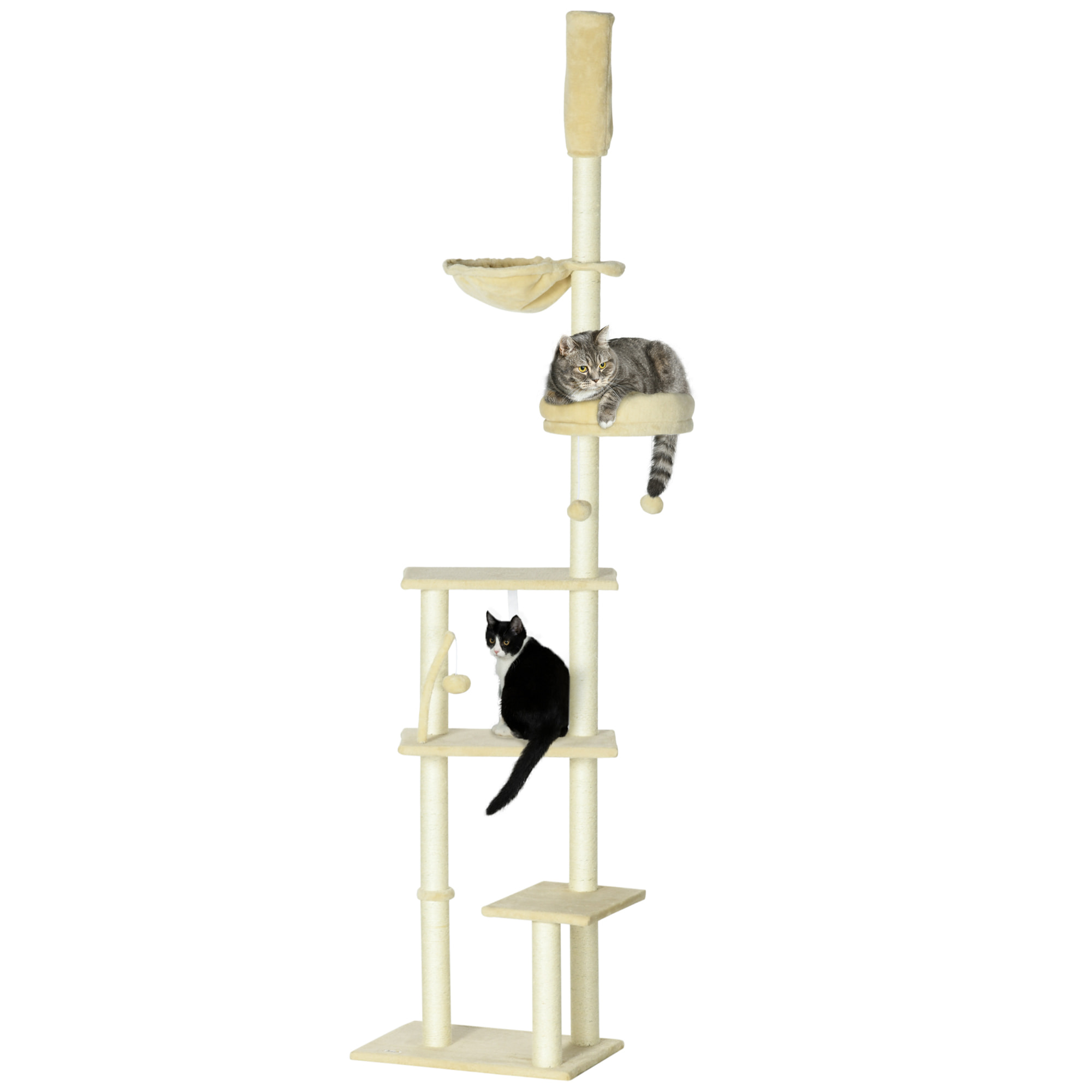 Árbol para Gatos de Suelo a Techo de 230-250 cm Árbol Rascador para Gatos con Altura Ajustable Múltiples Plataformas Cestos Hamaca Bolas Colgantes Beige