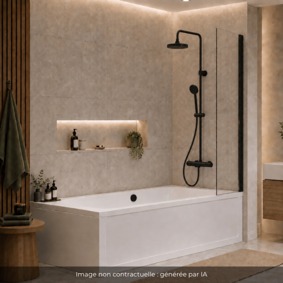 Baignoire droite 180x80cm avec pieds Neon blanc + Vidage  noir  + Colonne bain thermostatique douche noir mat