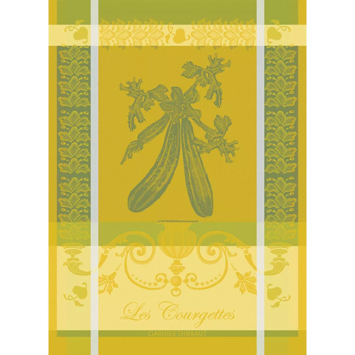 Torchon pur coton motif jacquard jaune vert Les courgettes jonquille