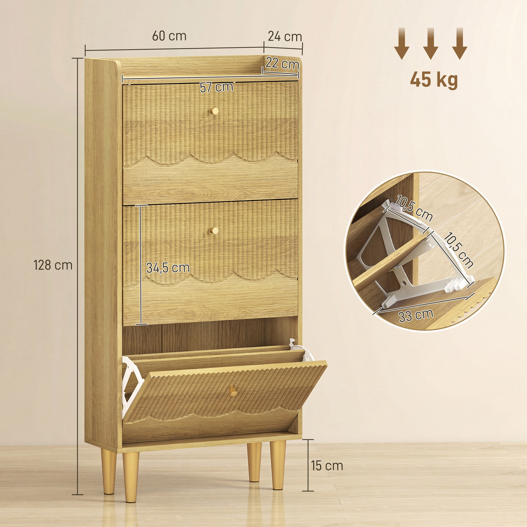 Meuble à chaussures style bohème chic 3 portes abattantes aspect bois clair sculpté
