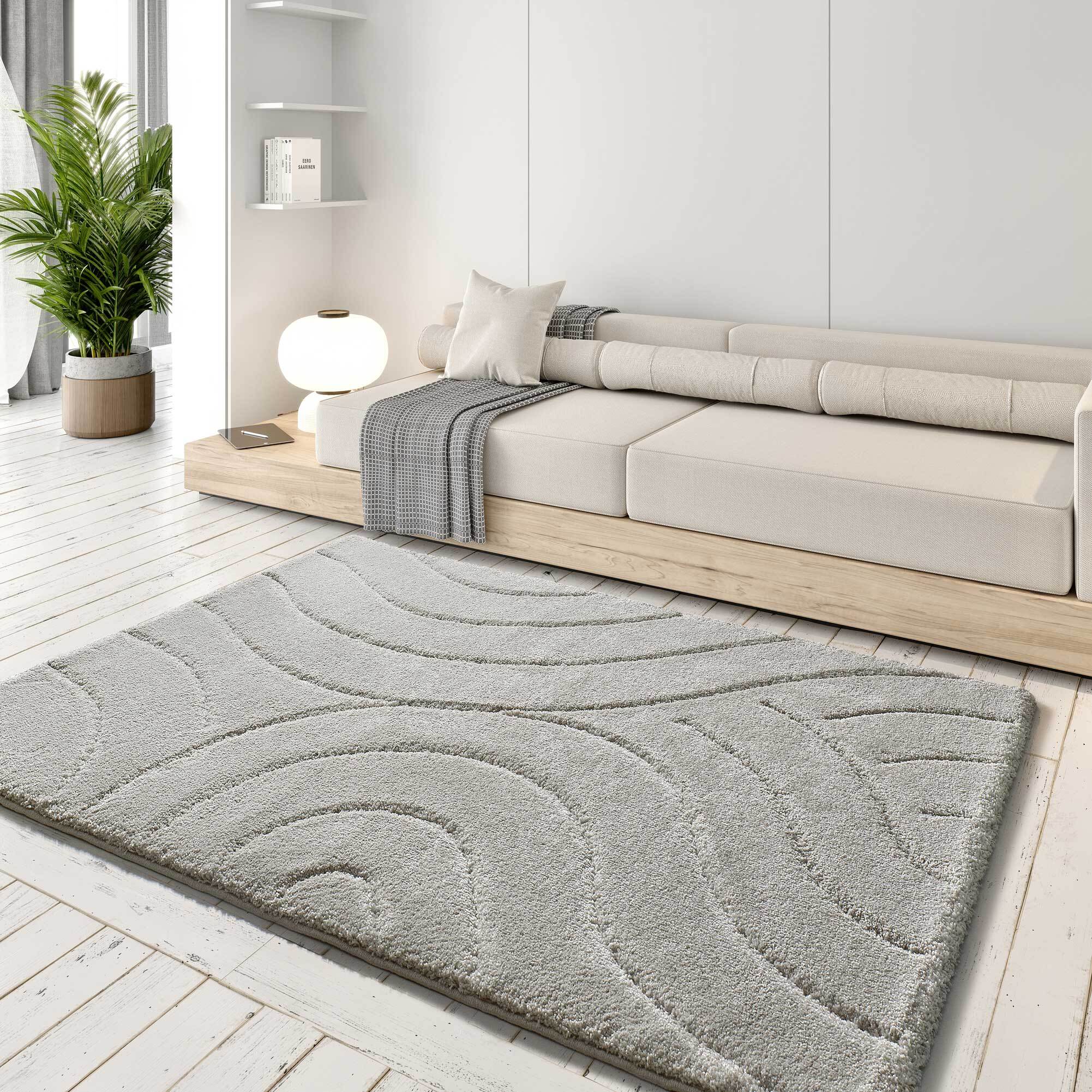 MOLIER Alfombra shaggy con formas abstractas en plata, varias medidas disponibles.