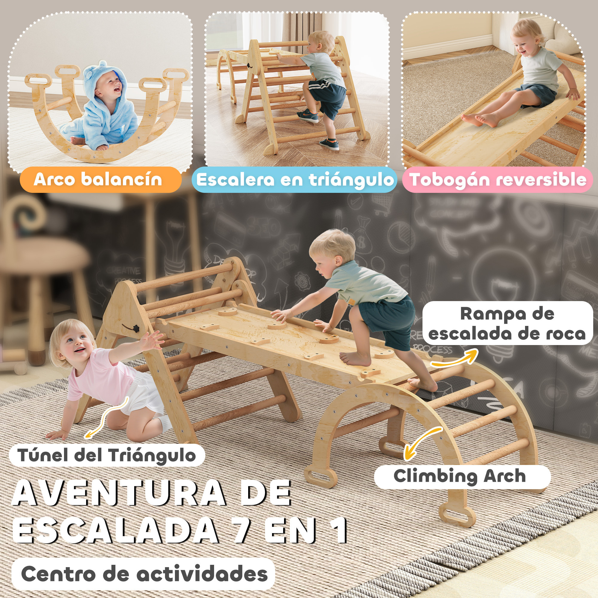 7 en 1 Triángulo de Escalada Montessori con Arco y Rampa, Escalada para Niños de Madera Plegable, para 18-48 Meses, para Deslizarse o Escalar, 188x70 cm, Natural