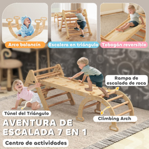 7 en 1 Triángulo de Escalada Montessori con Arco y Rampa, Escalada para Niños de Madera Plegable, para 18-48 Meses, para Deslizarse o Escalar, 188x70 cm, Natural