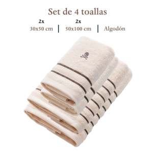 Set de 4 toallas: 2 de invitados (50x30) y 2 de lavabo (100x50) 100% algodón, 470 gsm, juego en beige (2 con raya verde, 2 con raya marrón) scalpers