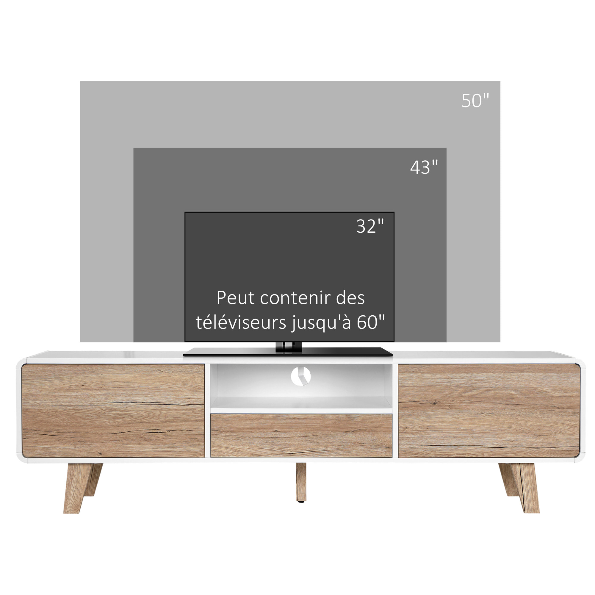 Meuble TV bas sur pied style scandinave 2 portes niche tiroir MDF blanc aspect chêne clair