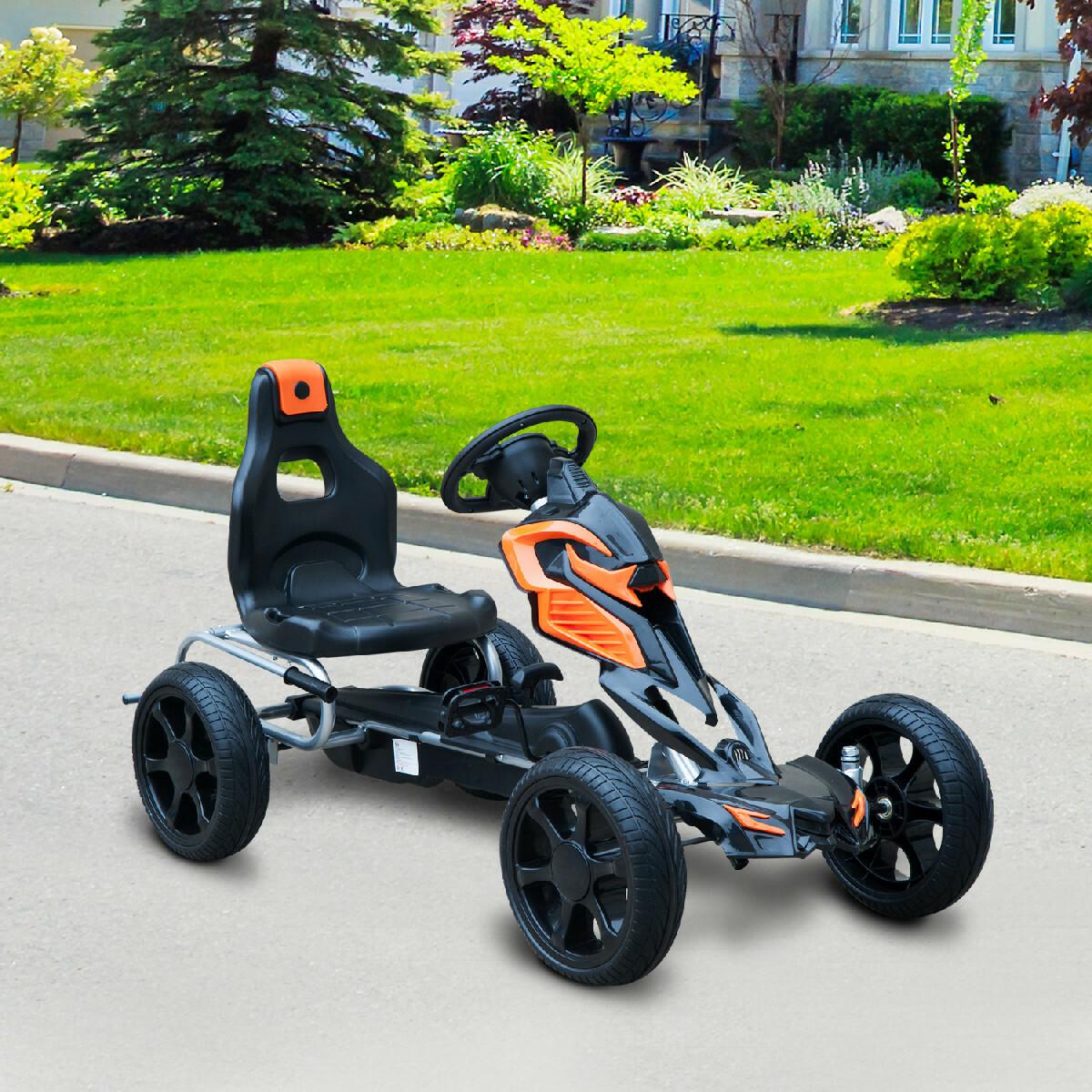 Kart à pédales Go-Kart enfants 122L x 60l x 70H cm Ø roues 29 cm siège ergonomique orange noir