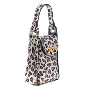 Alviano bolso de mano mujer. Piel auténtica Gamuza con estampado animal print leopardo lacada brillante.