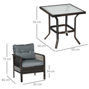 Conjunto de Muebles de Ratán Jardín 2 Sillones y Mesa de Vidrio Templado Marrón