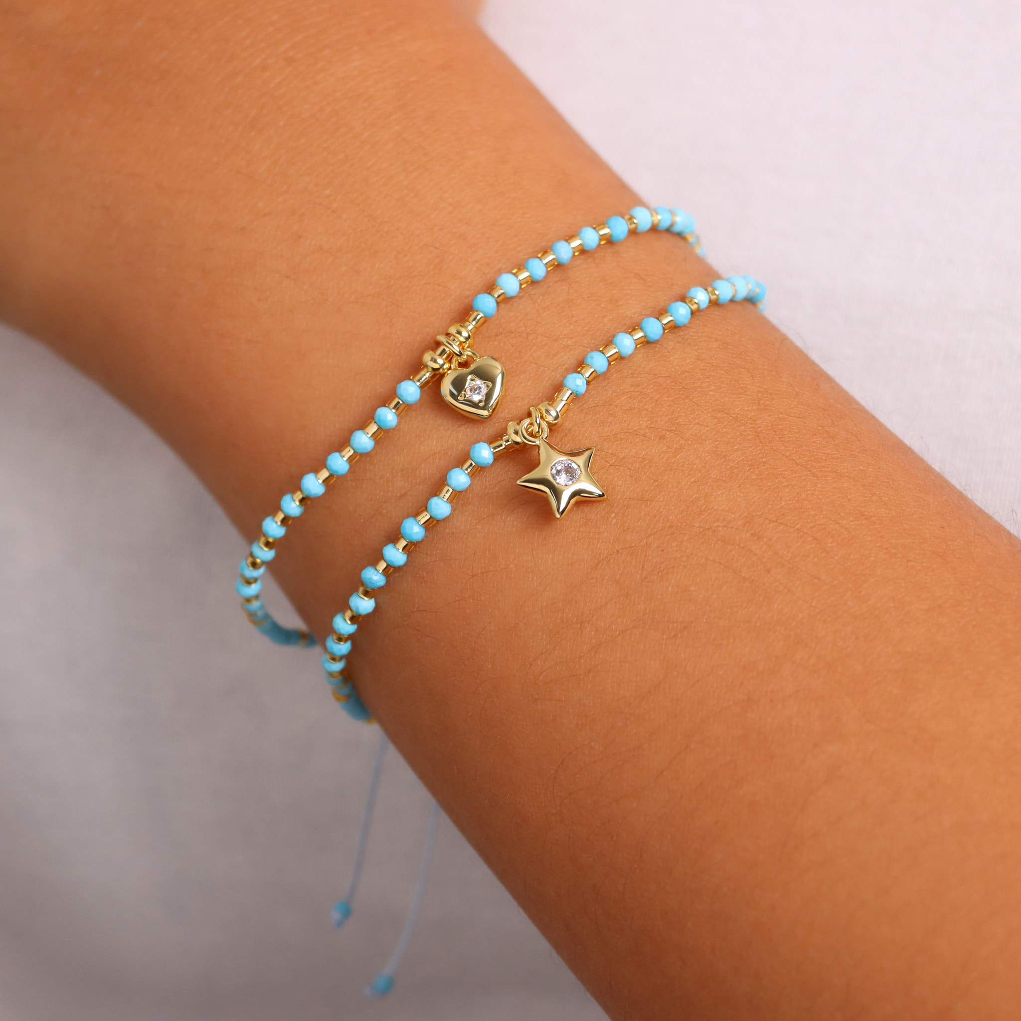 Set 2 Bracciali Regolabili con Pietre Naturali Blu e Ciondolo Cuore e Stella