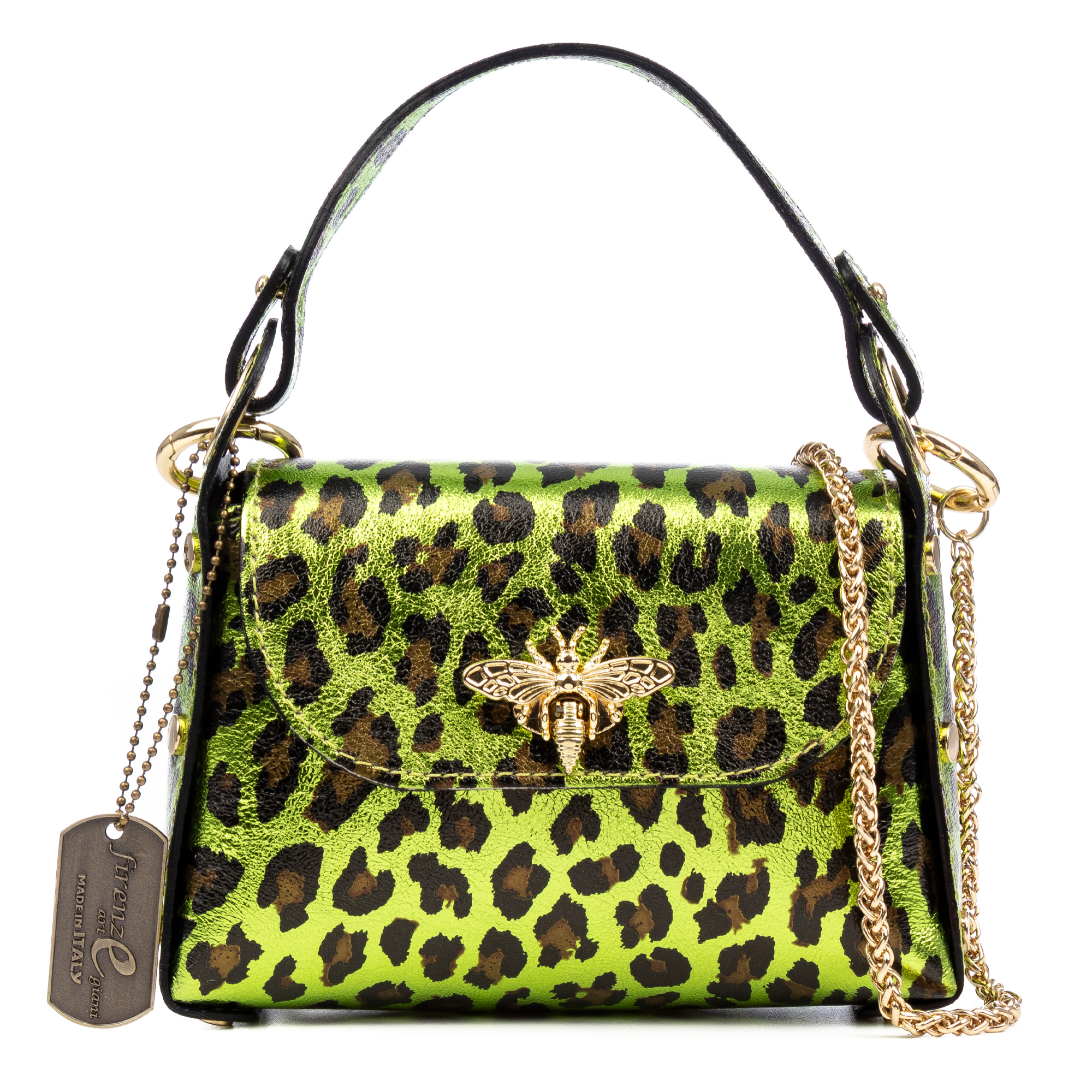Aquileia bolso de mano mujer. Piel auténtica Gamuza con estampado animal print leopardo lacada brillante.