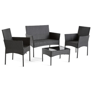 Marbella - salon bas de jardin 4 places - en résine tressée - noir avec coussins beiges - Noir / Blanc