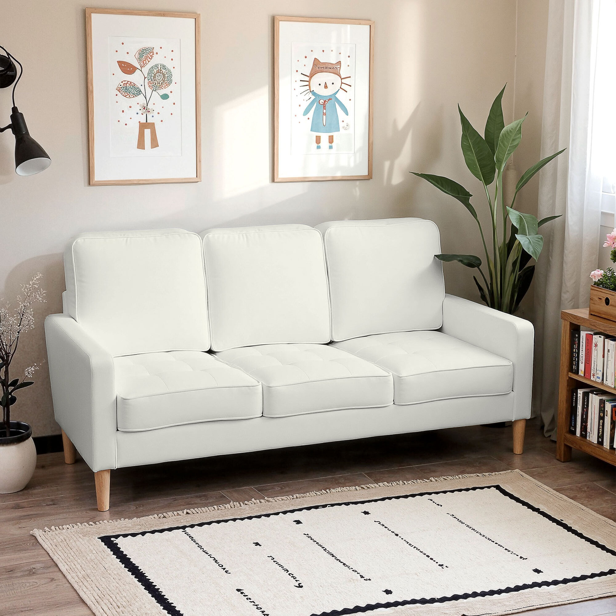 Canapé 3 places en velours, 185 cm, design moderne, canapé avec coussins épais, pieds en bois d'hévéa et assise capitonné, pour salon, chambre, bureau, crème