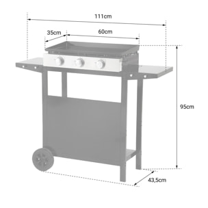 Plancha au gaz MÉRIDA 3 brûleurs + chariot