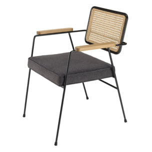 AGATHE - Fauteuil métal noir assise tissu gris foncé dossier rotin
